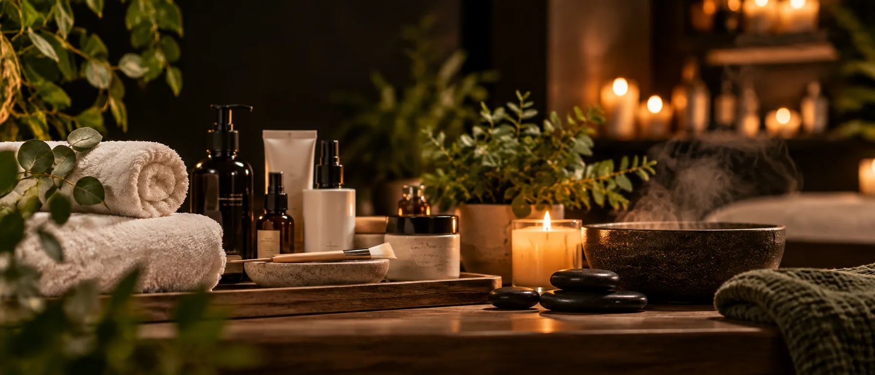 Rolled towels, candles, and skincare bottles on a softly lit spa counter.