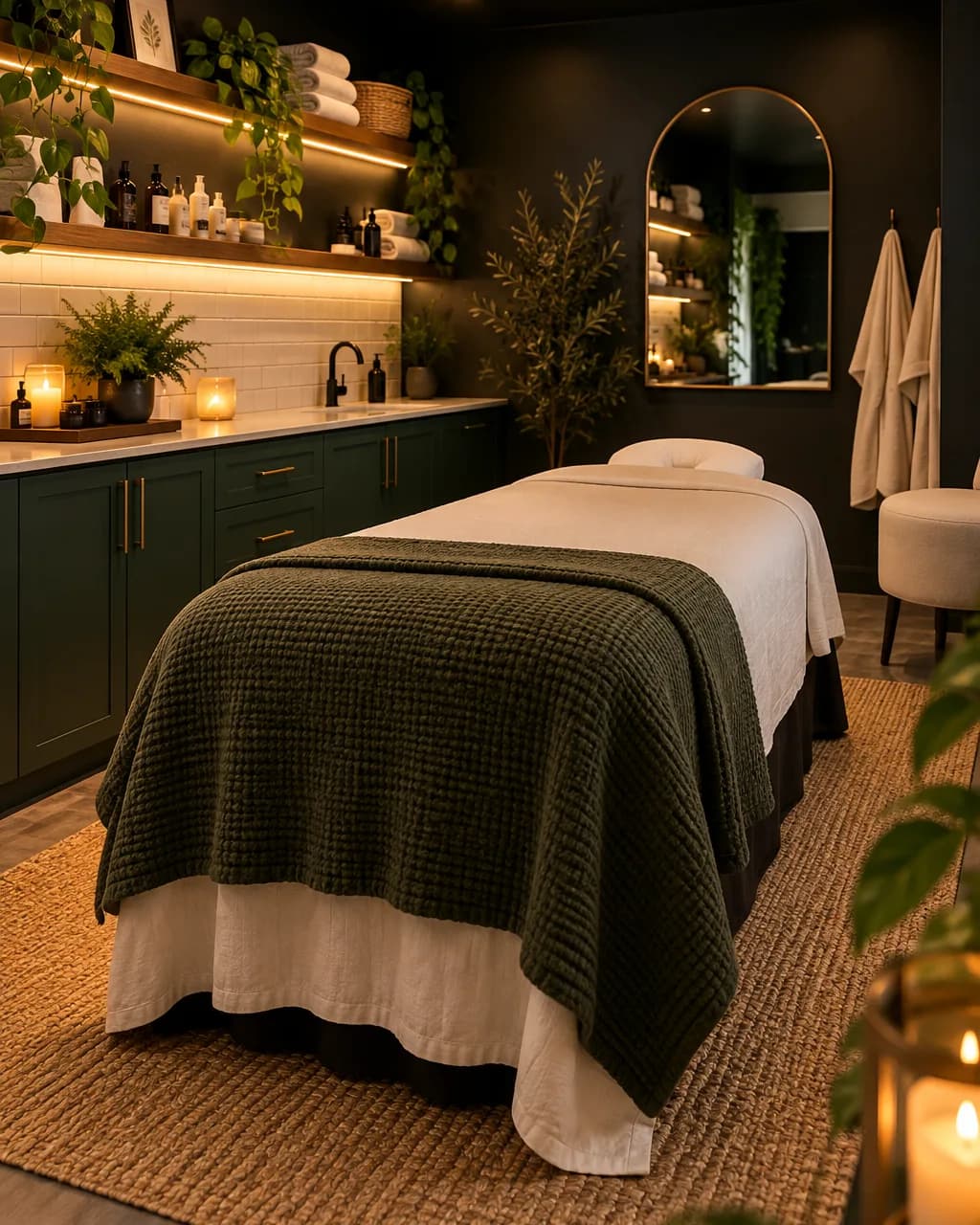 A warmly lit treatment room with a made-up bed, plants, and shelves of skincare.