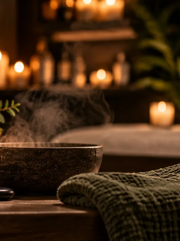 A stone bowl, a knit throw, and candles on a spa counter.
